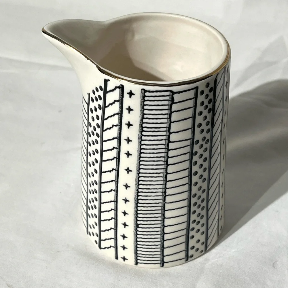 Creative Co-op Modern Stoneware Creamer Ivory w/ Black Design Gold Rim 8 oz.